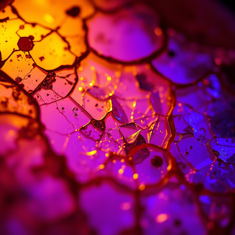 Macro Close-up of Shattered Amber Resin Under Uv Light