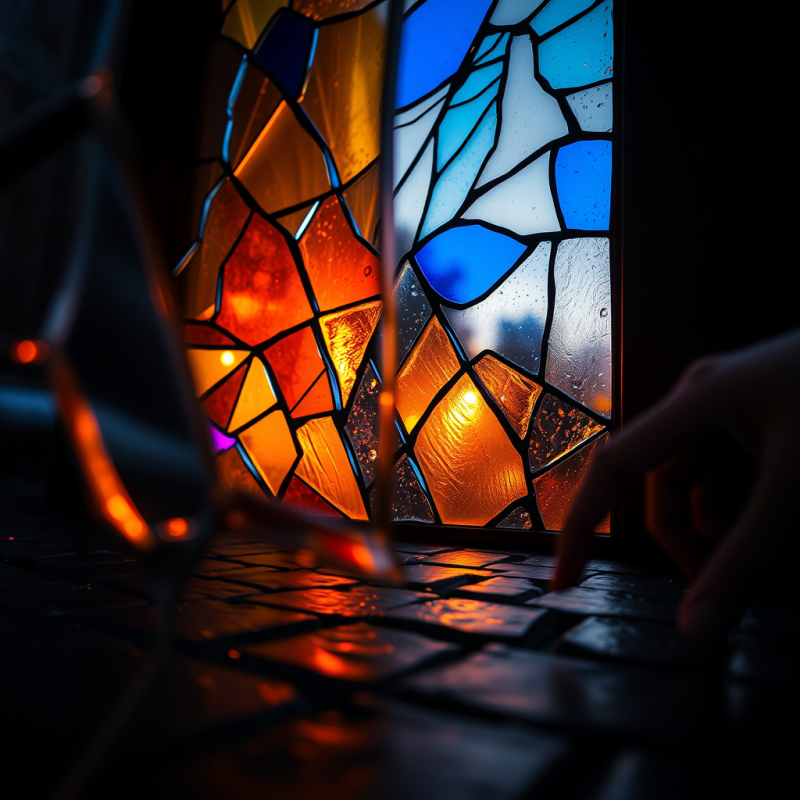 Macro Shot of a Fractured Stained Glass Window at Dusk