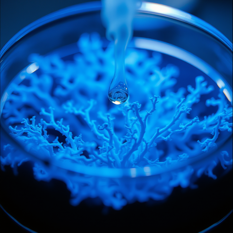 Macro Shot of a Glowing Blue Fungal Mycelium Network Gr...
