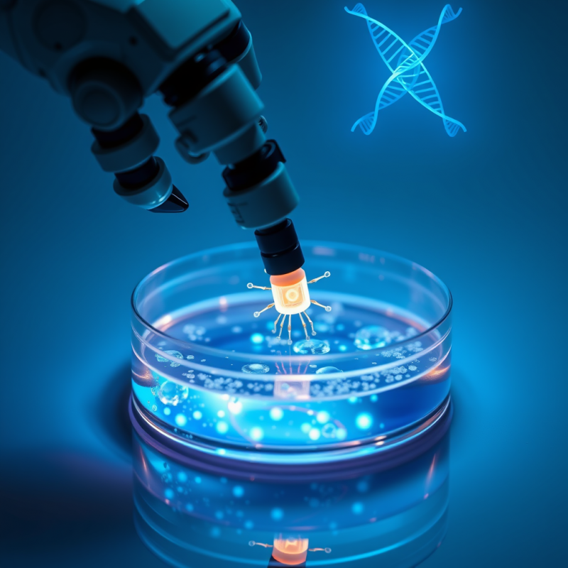 Macro Shot of a Robotic Arm Delicately Inserting a Glowing