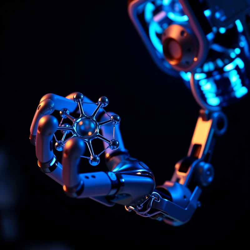 Macro Shot of a Robotic Arm with Glowing Blue Circuitry...