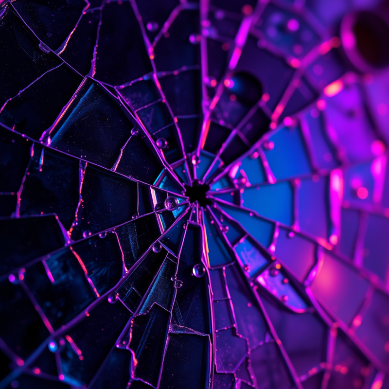 Macro Shot of Cracked Obsidian Glass Under Neon Magenta...