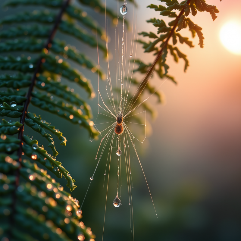 Macro Shot of Dew-covered Spider Silk Strands Glistenin...
