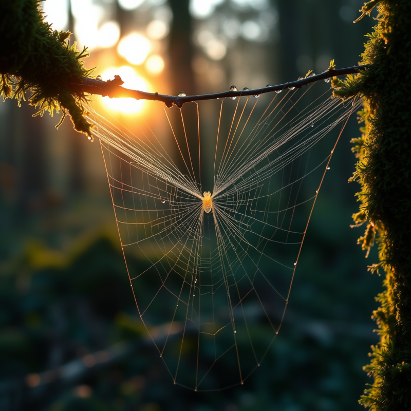 Macro Shot of Dew-covered Spider Silk Stretched Taut Be...