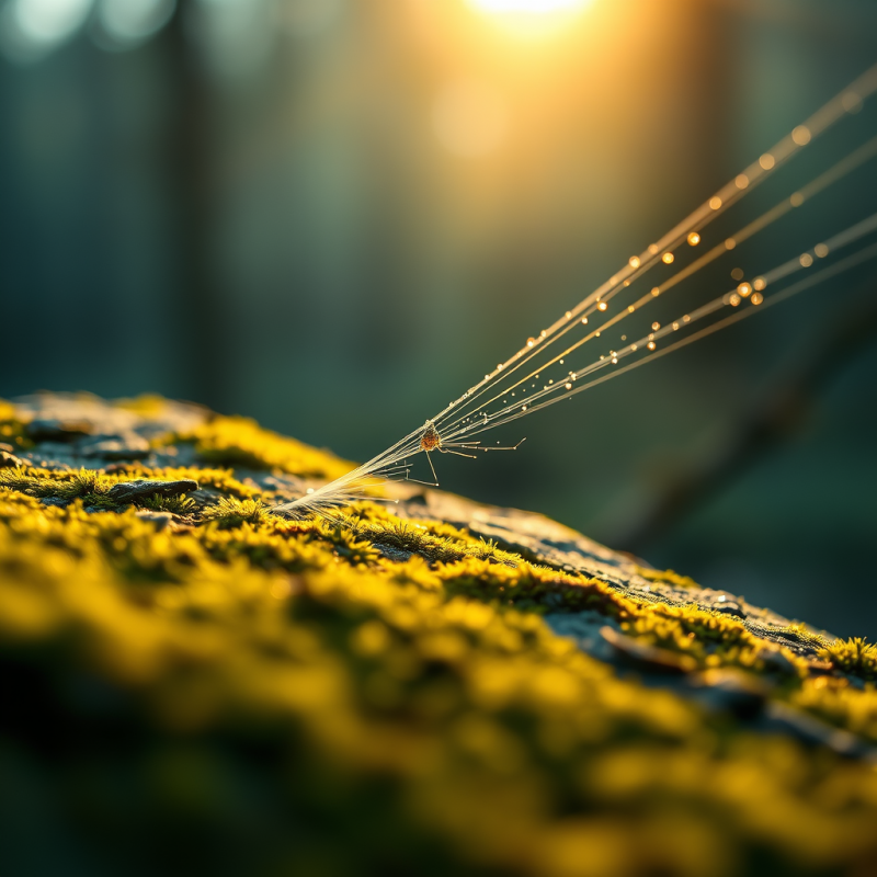 Macro Shot of Dew-covered Spider Silk Stretching Diagon...