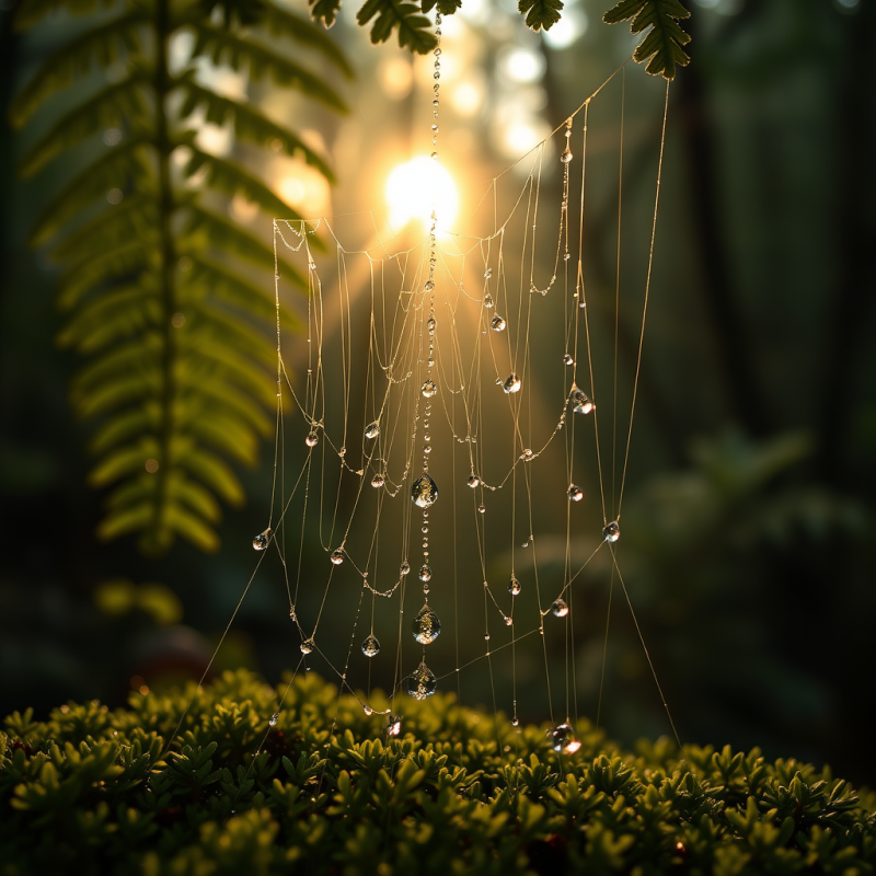Macro Shot of Dew-covered Spider Silk Strung Between Fe...