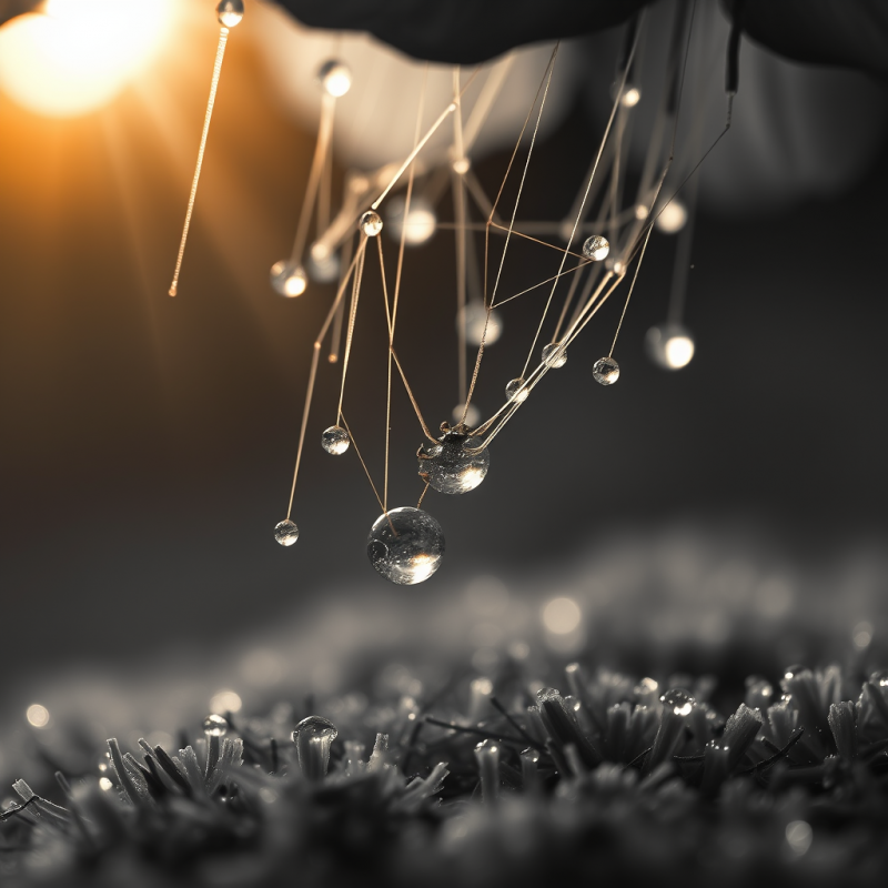 Macro Shot of Dew-covered Spider Silk Strung Between Wi...