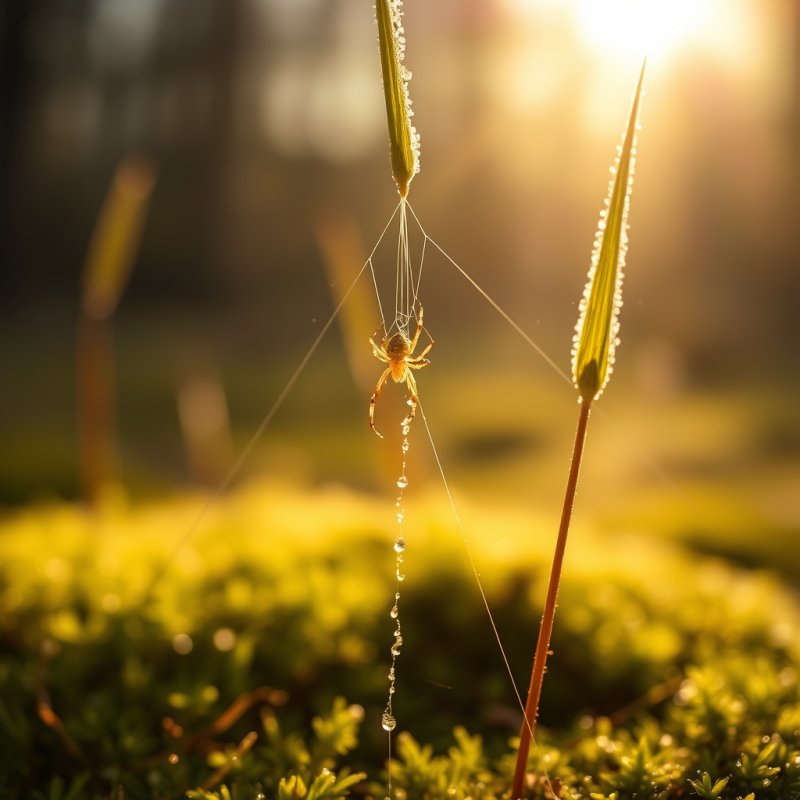 Macro Shot of Dew-covered Spider Silk Strung Between Tw...