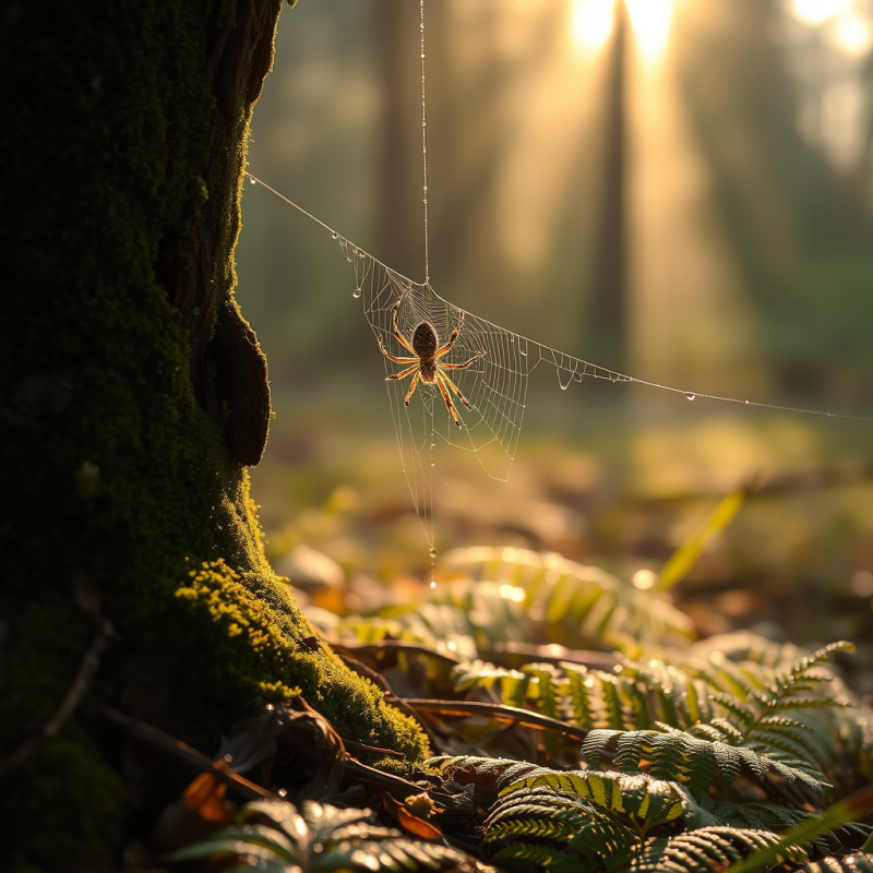 Macro Shot of Dew-covered Spider Silk Strung Between Tw...