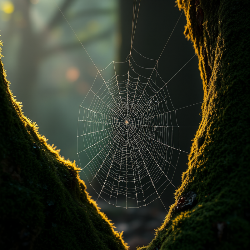 Macro Shot of Dew-covered Spiderwebs Glistening Under D...