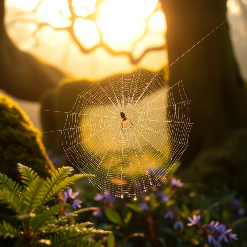 Macro Shot of Dew-covered Spiderwebs Glistening Under G...