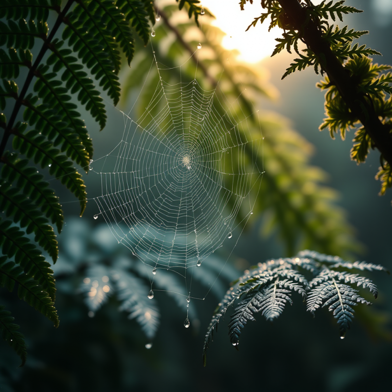 Macro Shot of Dew-covered Spiderwebs Glistening Under T...