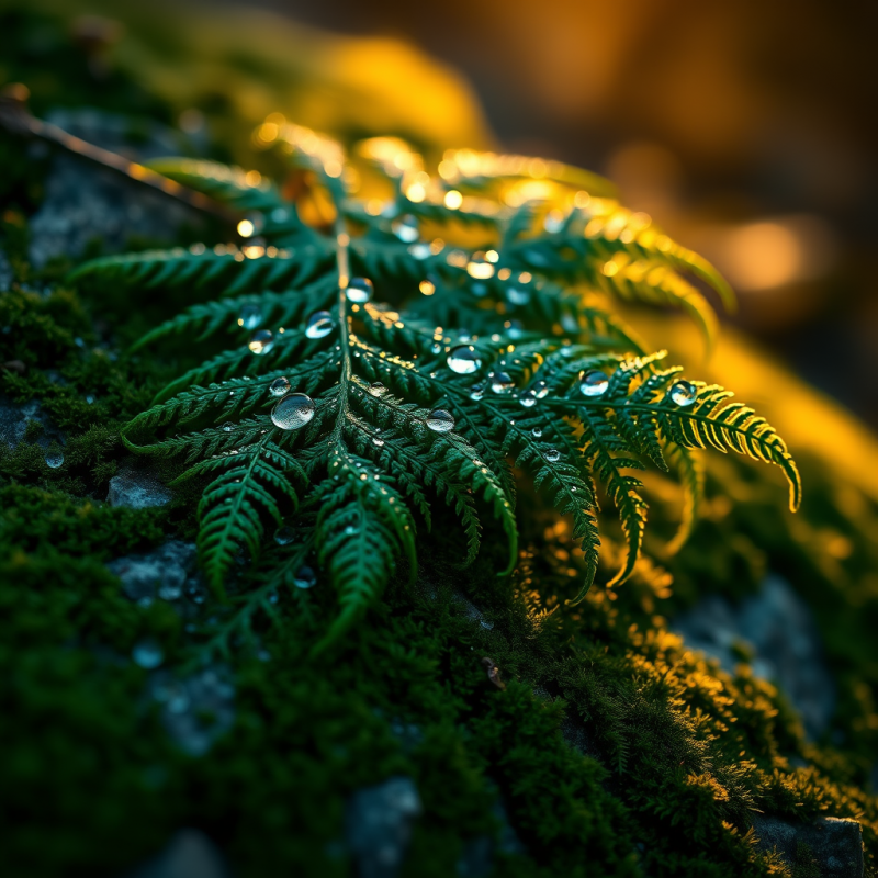 Macro Shot of Dew-drenched Fern Fronds Overlapping on A...