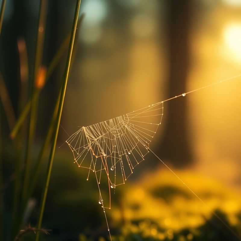 Macro Shot of Dew-drenched Spider Silk Strung Between Dew...