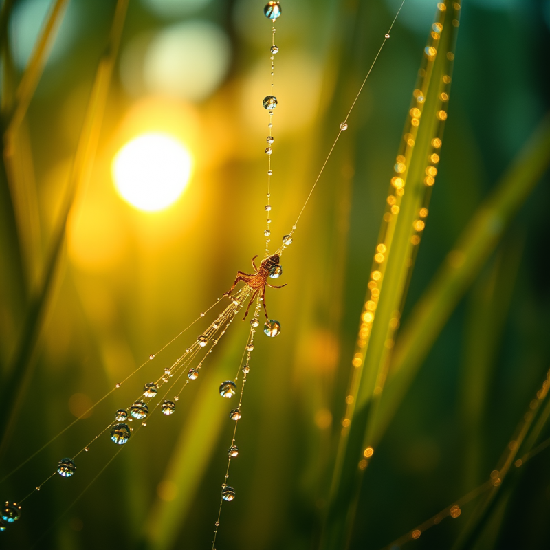 Macro Shot of Dew-drenched Spider Silk Strung Between D...