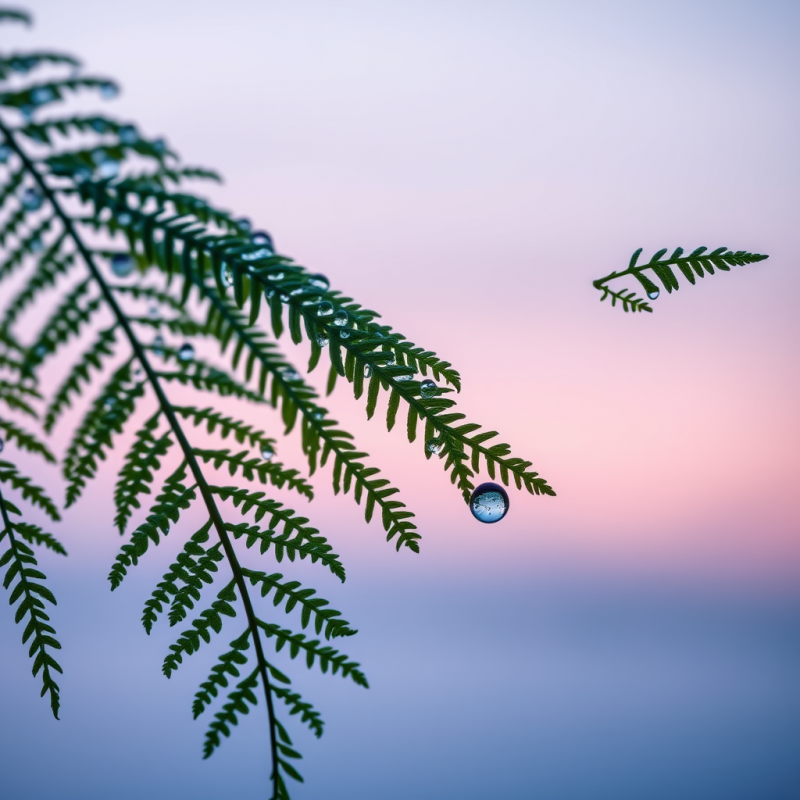 Macro Shot of Dew-kissed Fern Fronds Layered Over a Sof...