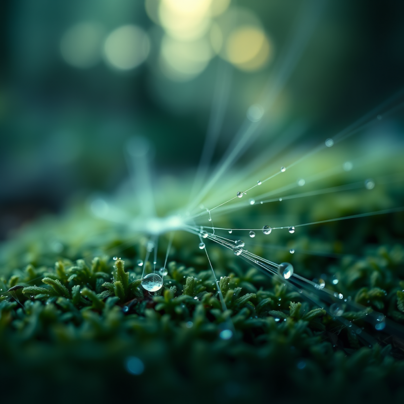 Macro Shot of Dew-kissed Spider Silk Strands Stretching...