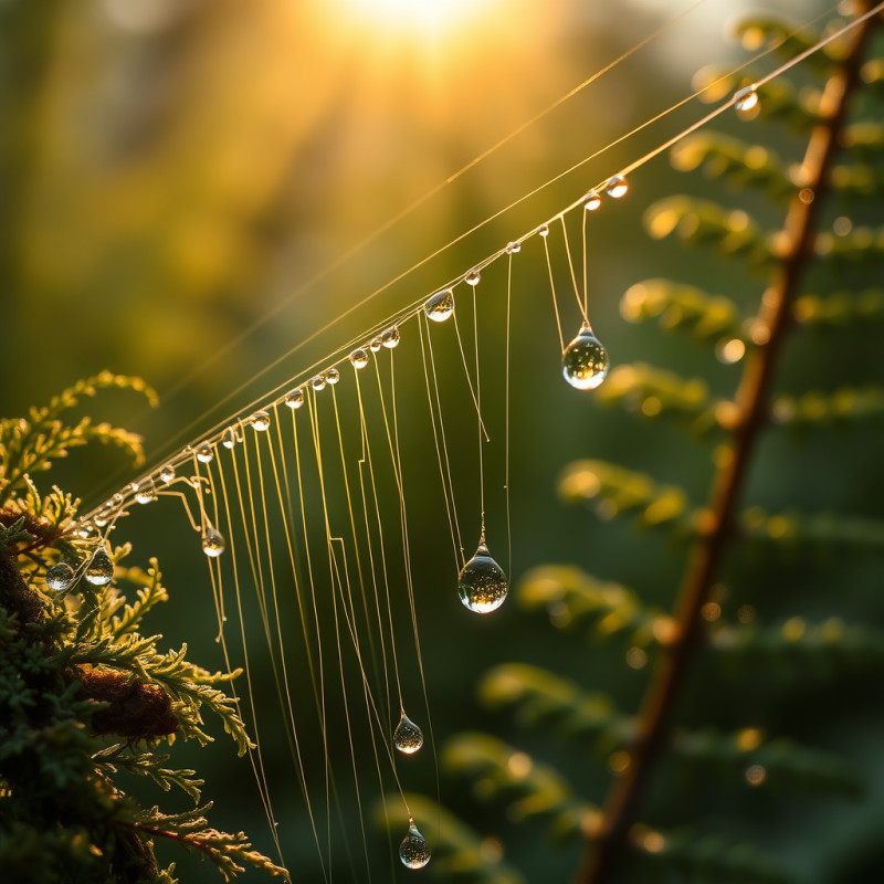 Macro Shot of Dew-laden Spider Silk Strands Stretching ...