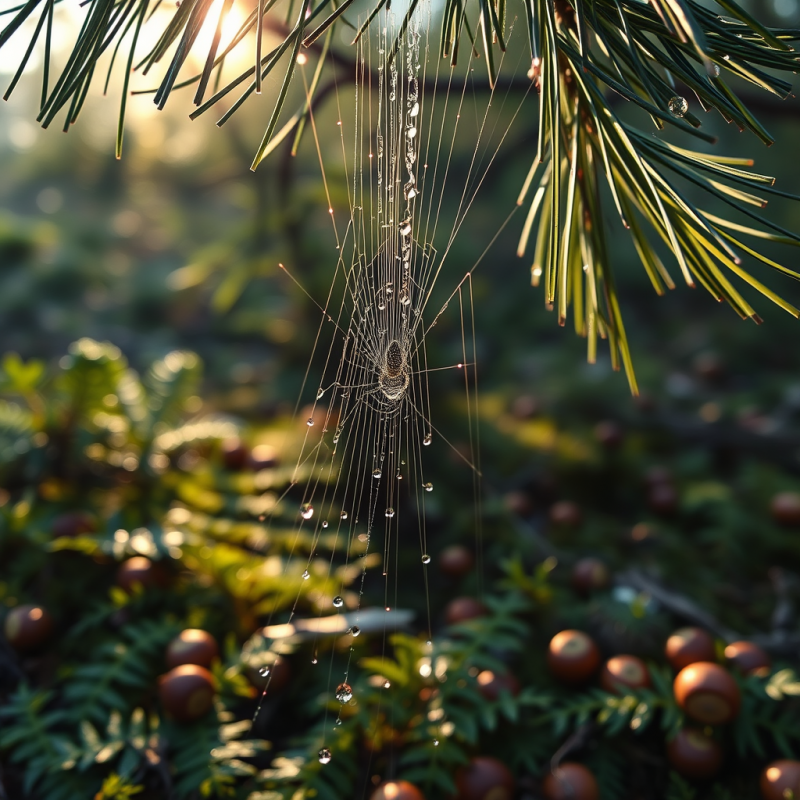 Macro Shot of Dew-laden Spider Silk Strung Between Moss...