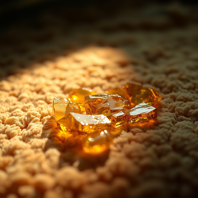 Macro Shot of Fractured Amber Glass Shards Resting on A...
