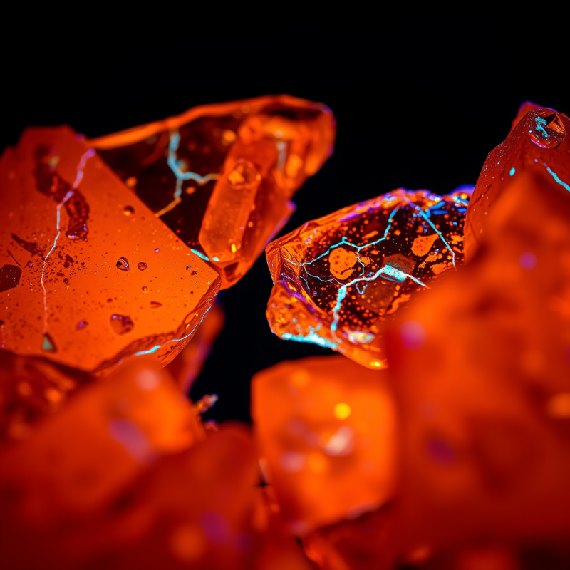 Macro Shot of Fractured Amber Glass Shards Under Uv Light