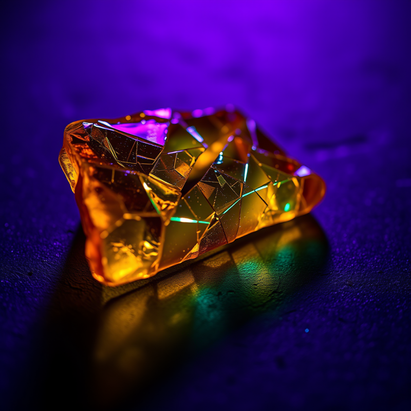 Macro Shot of Fractured Amber Glass Under Neon Violet A...