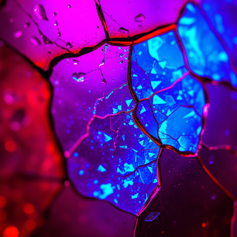 Macro Shot of Fractured Amber Glass Under Ultraviolet Light