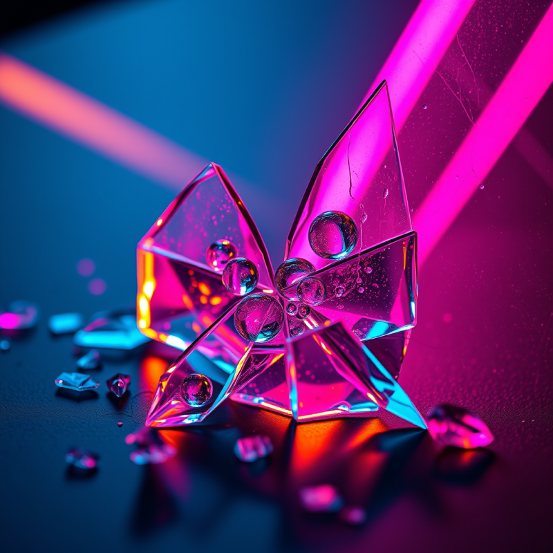 Macro Shot of Fractured Glass Shattered Under Neon Pink...