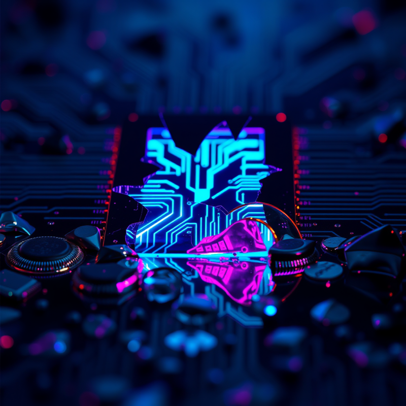 Macro Shot of Fractured Neon-blue Circuit Traces Glowin...
