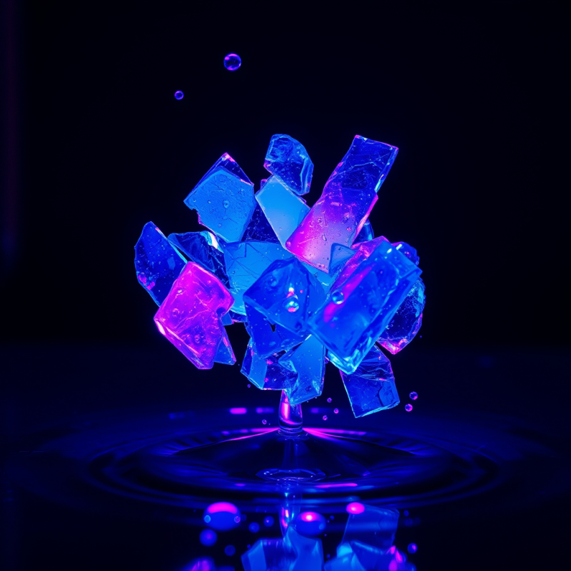 Macro Shot of Fractured Neon-blue Glass Shards Suspende...