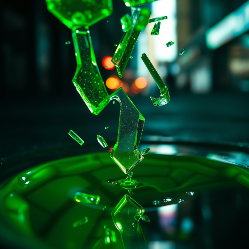 Macro Shot of Fractured Neon-green Glass Shards Suspend...