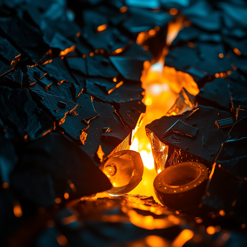Macro Shot of Fractured Obsidian Glass Shards Under Low-a...