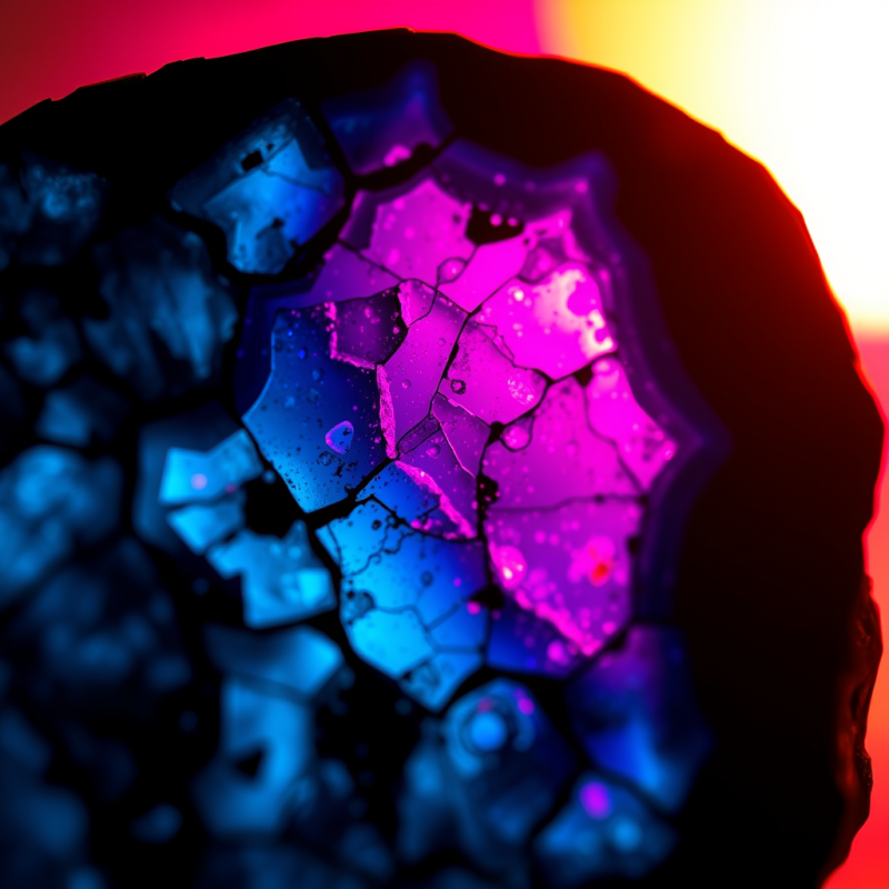 Macro Shot of Fractured Obsidian Glass Under Neon Magen...