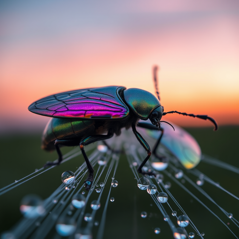 Macro Shot of Iridescent Beetle Wings Resting on Dew-ki...