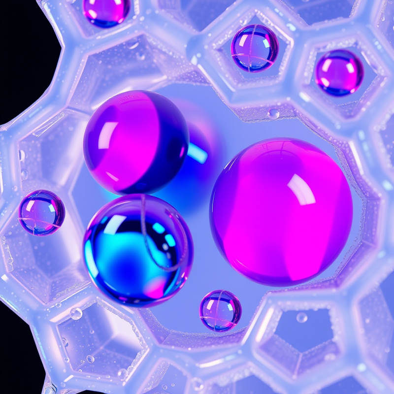 Macro Shot of Iridescent Oil Droplets Suspended in Honeyc...