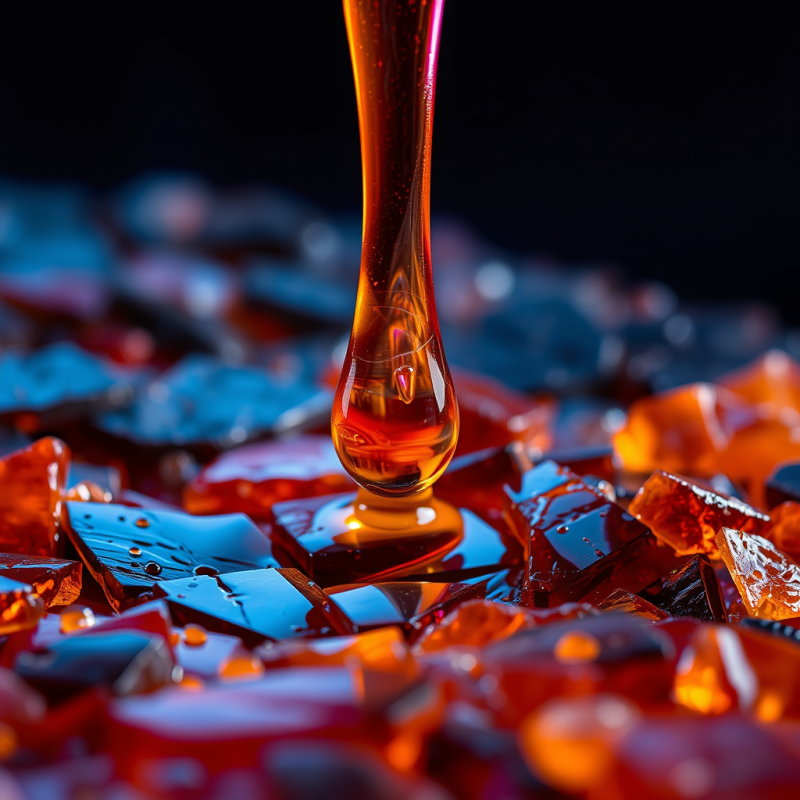 Macro Shot of Molten Amber Resin Dripping Over Shattered ...