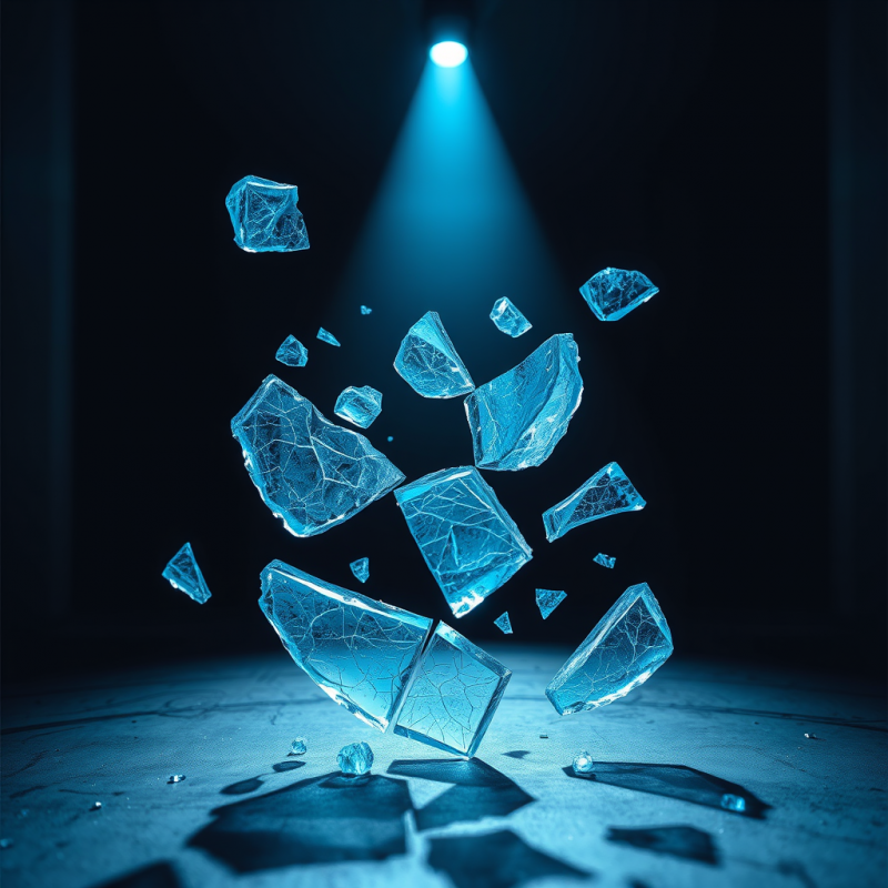 Macro Shot of Shattered Blue-tinted Glass Shards Floati...