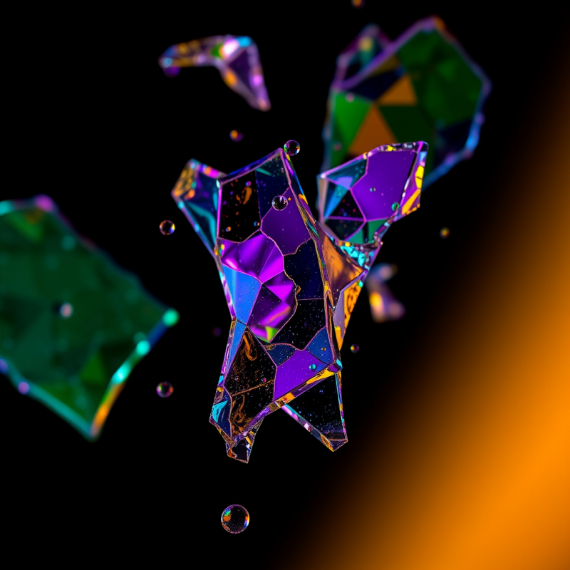 Macro Shot of Shattered Dichroic Glass Shards Suspended I...