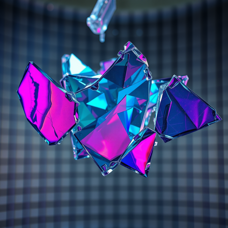 Macro Shot of Shattered Iridescent Glass Shards Suspend...