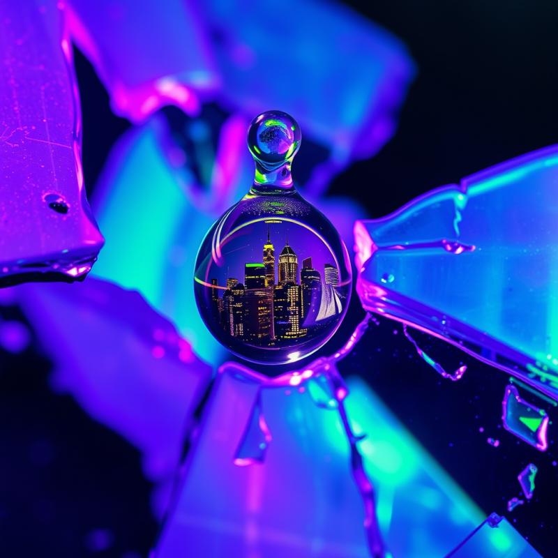 Macro Shot of Shattered Neon-glowing Glass Suspended In...