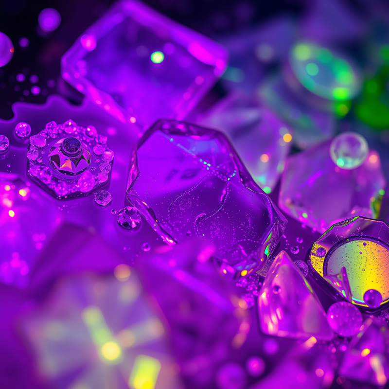 Macro Shot of Shattered Neon-lit Glass Fragments Suspen...