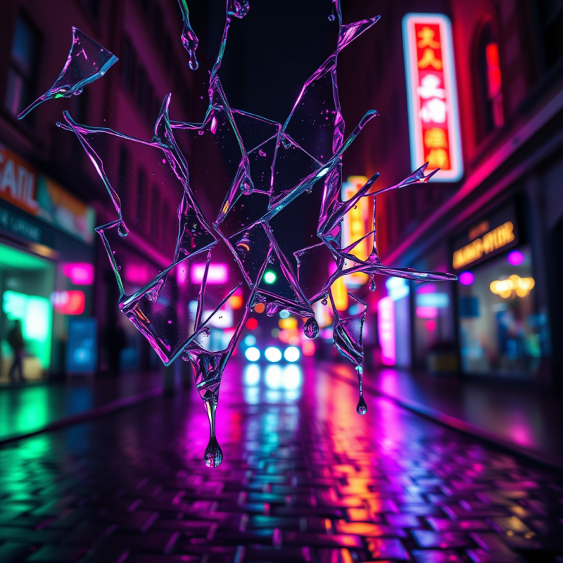 Macro Shot of Shattered Neon-lit Glass Shards Suspended...
