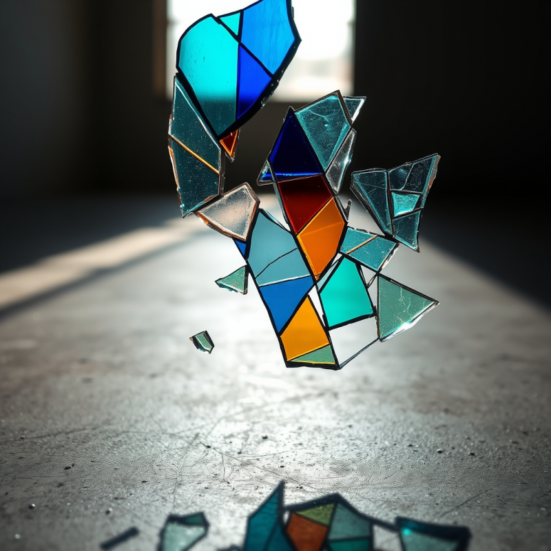 Macro Shot of Shattered Stained Glass Suspended Mid-air...