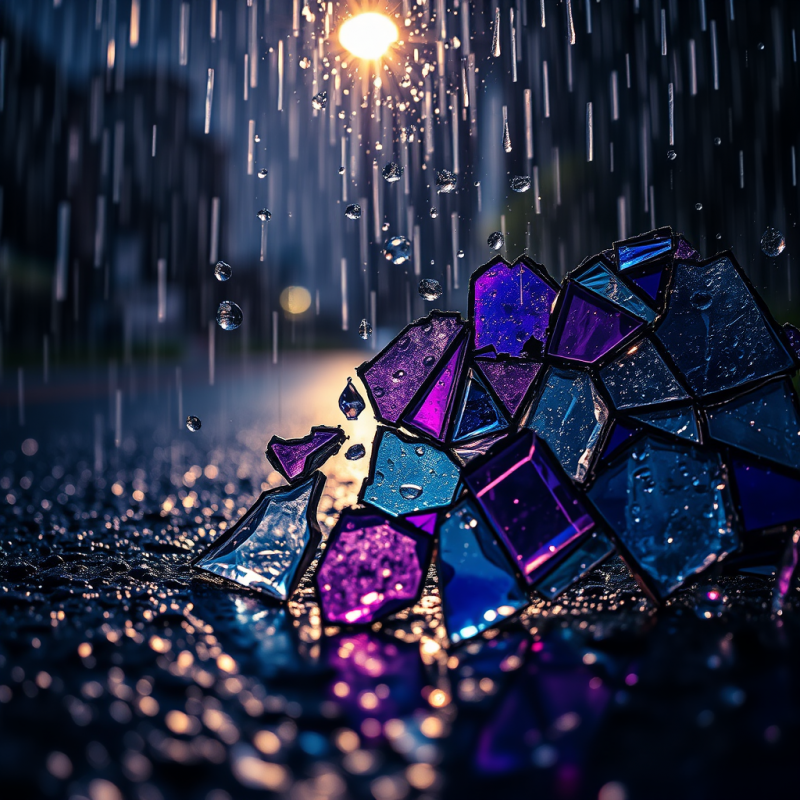 Macro Shot of Shattered Stained Glass Under Neon-drench...