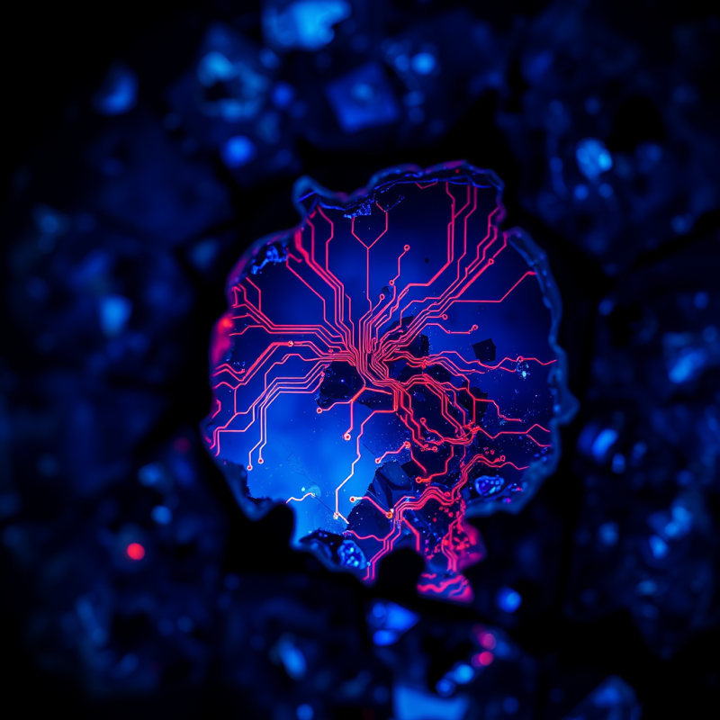 Macro View of Fractured Neon-blue Circuitry Embedded in C...