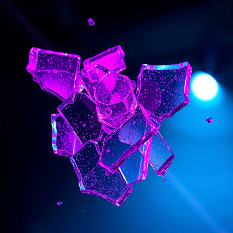 Macro View Of Shattered Neon-lit Glass Fragments Suspende...