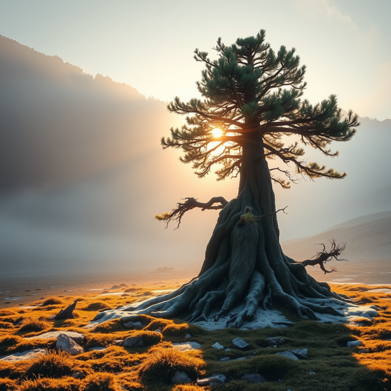 Majestic, Ancient Pine Tree Stands Alone on a Mossy