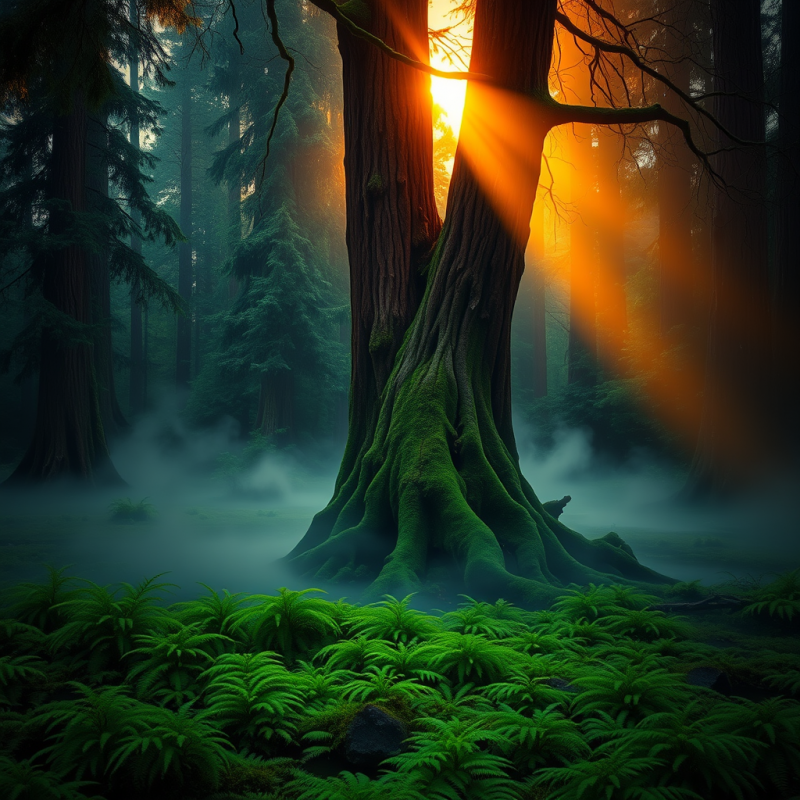 Majestic Ancient Tree with Moss-covered Roots Bathed