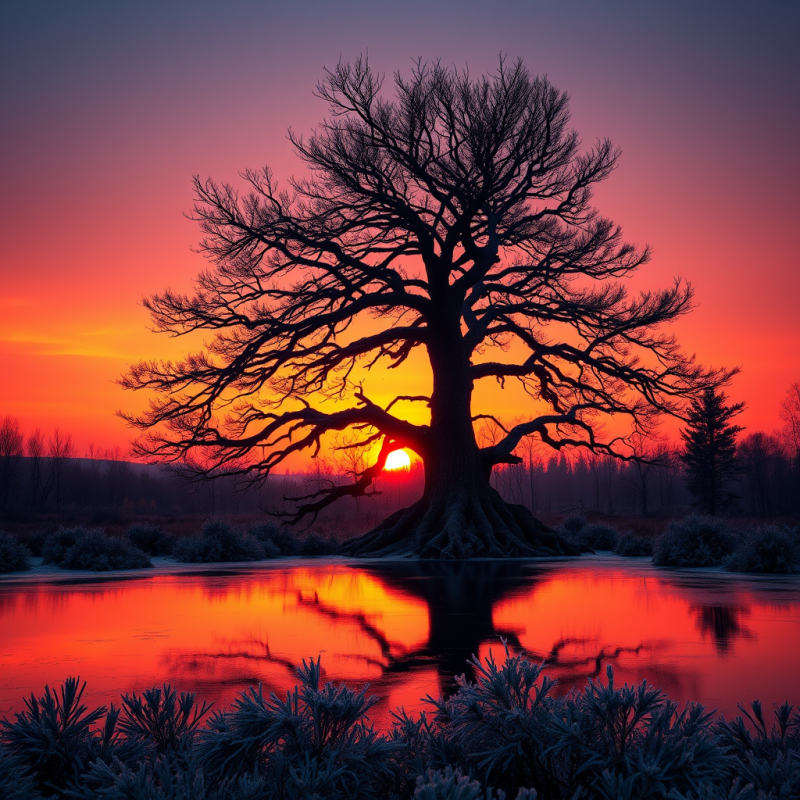 Majestic Bare Tree Stands in Water During a Vibrant