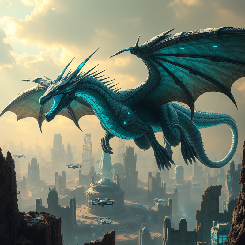 Majestic Blue Cybernetic Dragon Flies Majestically